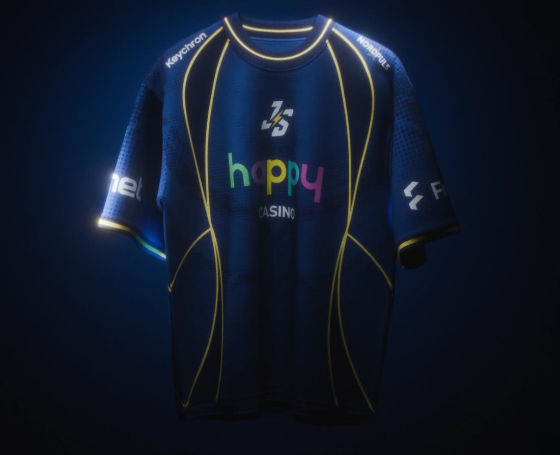 Johnny Speeds matchtröja med logotyper för HappyCasino, inet, Keychron, Nordpuls och Fractal